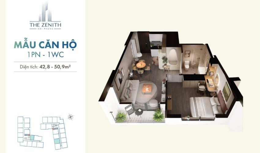 Thiết kế căn hộ 1PN chung cư The Zenith Hải Phòng