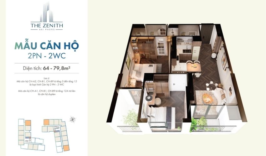 Thiết kế căn hộ 2PN chung cư The Zenith Hải Phòng